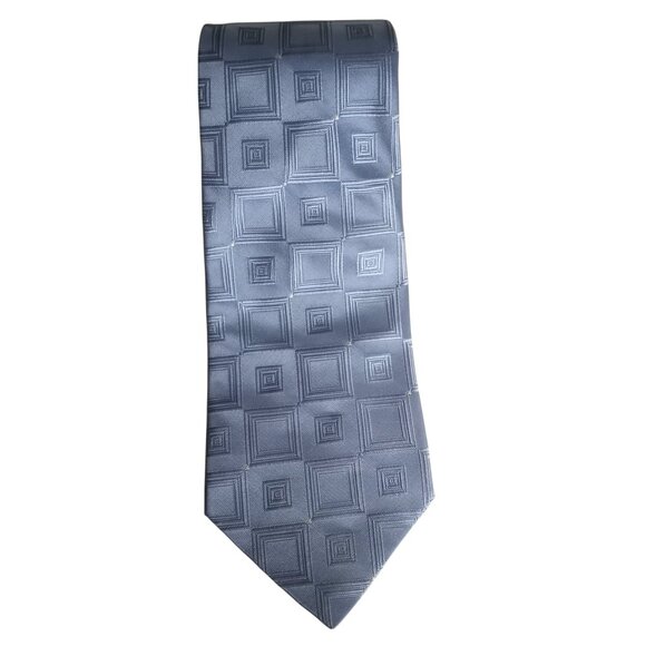 Murano Extra Long Blue Geometric Squares 100% Silk Neck Tie Hand Tailored in USA - Picture 1 of 7